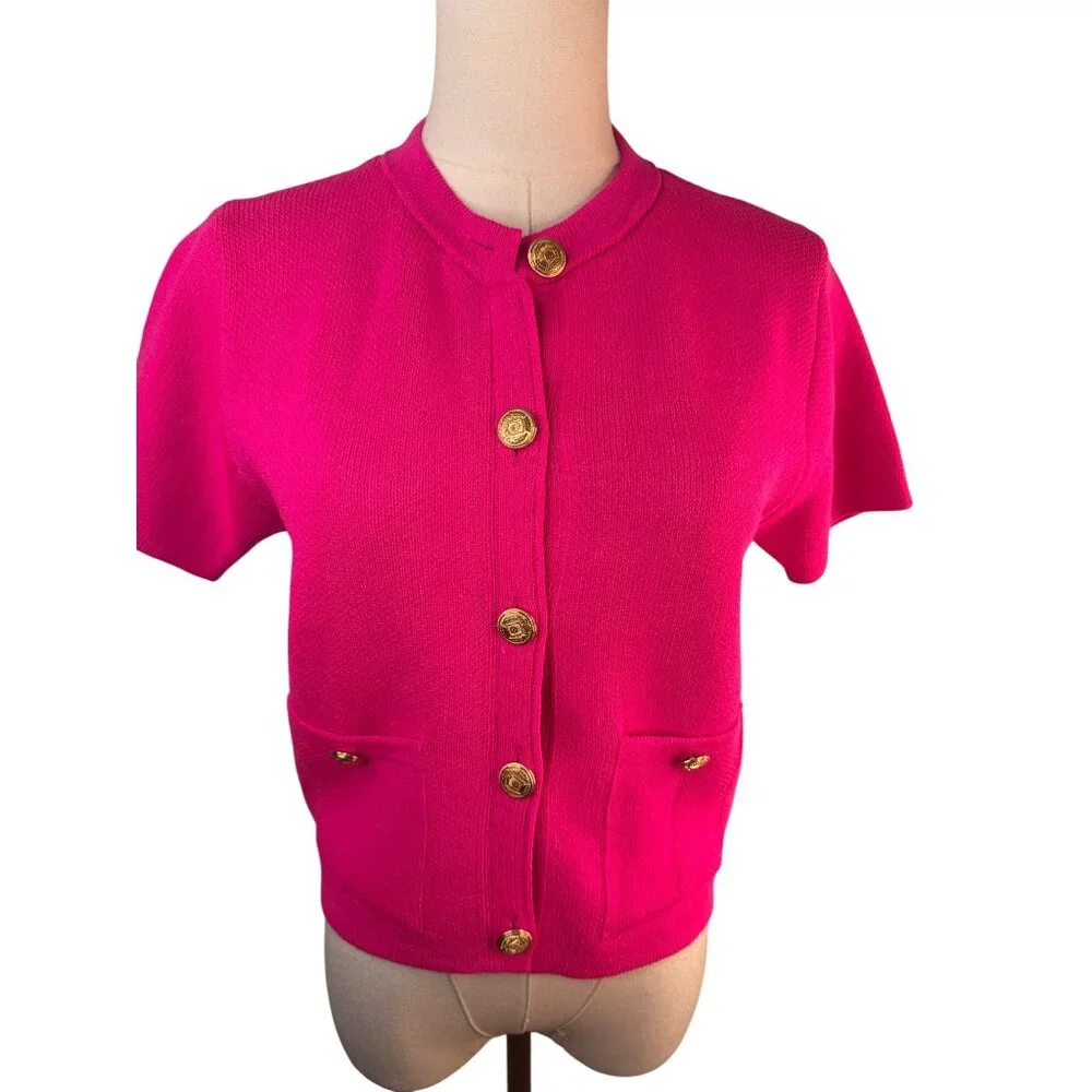 ZARA Bright Pink Short Sleeve Small Knit Cardigan With Gold Buttons & Pockets - Picture 14 of 16